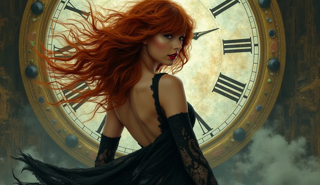 The image features Lynia Tempus, The Sorceress Of Time And Space, captured in a dynamic pose as she turns gracefully towards the viewer. Her striking red hair cascades in luxurious curls, framing her face and enhancing her enchanting beauty. She is adorned...