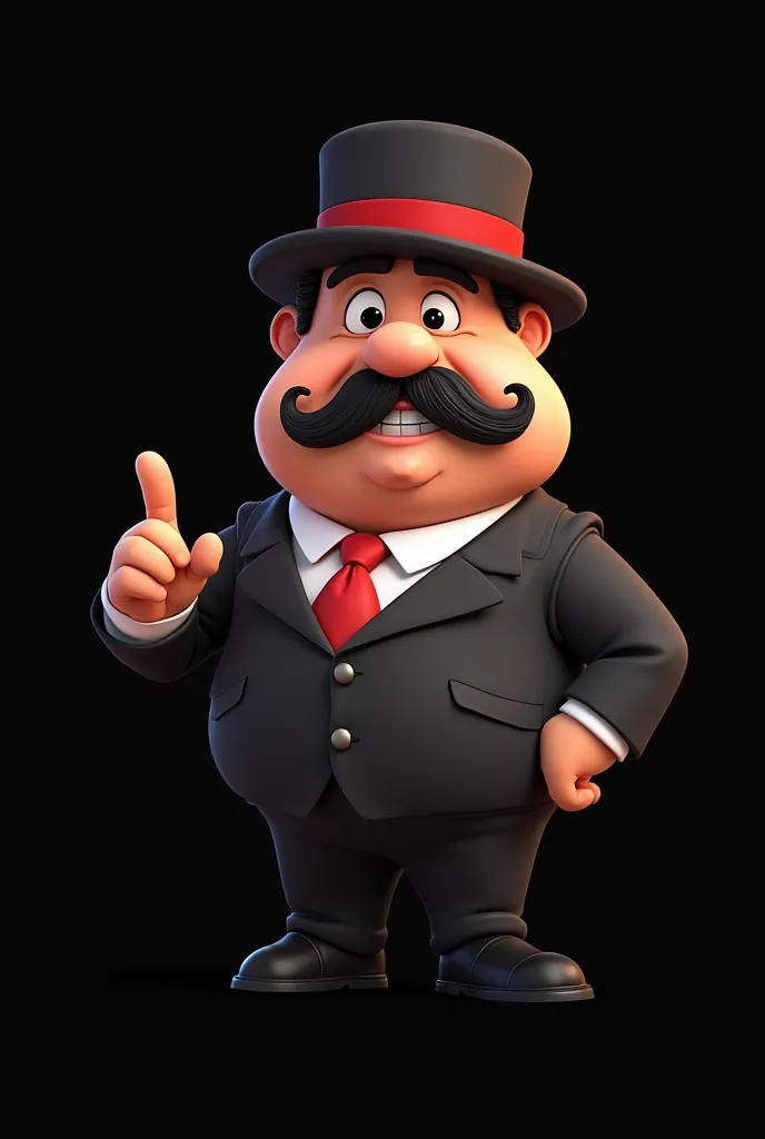 "A cartoon-style character, depicting a mob kingpin with a friendly and chubby look.  He wears an elegant black suit , red tie and a black felt hat with a red stripe.  His face is expressive , with a large curved mustache, thick eyebrows and a confident sm...