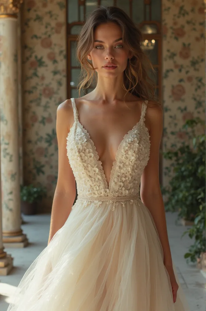 *The dress had a soft and elegant silhouette with a fitted bodice that hugged your figure, accentuating your waist. The fabric was lightweight and airy, almost giving the illusion that you were adorned in layers of petals. The dress had a V-shape neckline,...