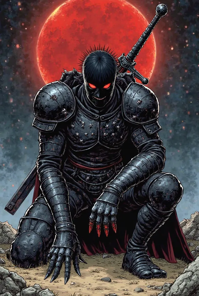 Guts from the berserk manga with the berserker armor crouching with one hand on the ground while his other hand is on his dragon slayer sword, the dragon slayer is on his shoulder.  The art style is the 1997 berserk anime. The setting of the image is the e...