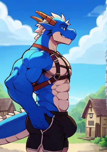 Dragon, (blue) , village in background, happy, male, standing, looking at viewer, muscular, black shorts, looking worried, big bulge in shorts, wearing a harness, side view