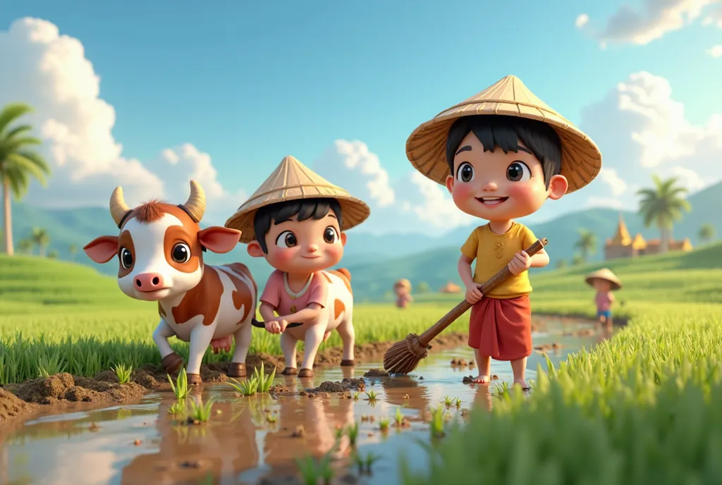 A highly detailed CGI animation-style illustration of a charming chibi Myanmar farmer wearing a traditional longyi and a wide-brimmed conical hat, guiding a pair of sturdy, round-bodied CGI cows as they plow the fertile land. The farmer has big, expressive...