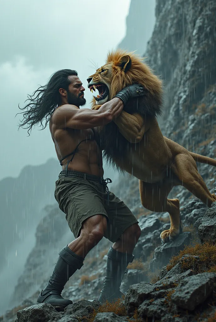 CREATE AN ULTRA REALISTIC 3D RENDERING OF A MAN FIGHTING A LION WHO HAS A VERY ANGRY FACE, AND THEY'RE BOTH NEAR THE TOP OF A MOUNTAIN AND IT'S RAINING A LOT 