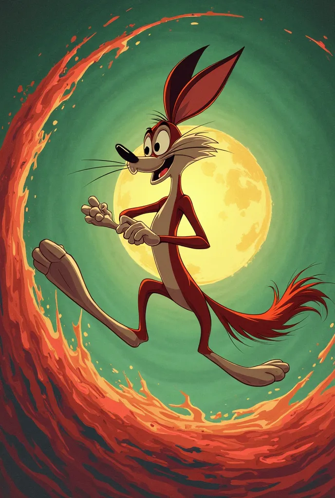 A background where the gradation of emerald green and red swirls violently、Looney tunes、Weil Ether Elbert Coyote Road Runner twirls his eyes round and round、
masterpiece, has won numerous awards, American style promotional poster, high definition model, ol...