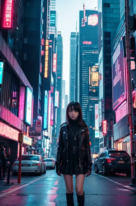 A girl is standing in the middle of a cyberpunk road lined with buildings