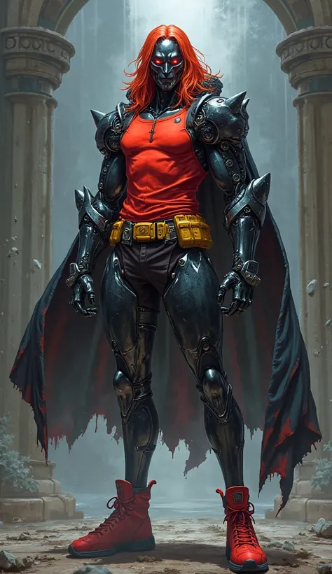 Anime style
Alien
Man
Black skin darkness
Black face metal mask
Red hair
Red eyes
Red t-shirt
Black armors
Black pants
Yellow waist
Red shoes
Black cape
Black arms cyborgs
Muscles arms