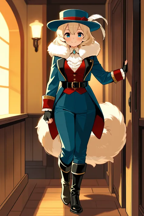 female squirrel, in elegant suit of 19 century style , in hat, hostel on belt with revolver inside, fingerless gloves, boots, fluffy fur, squirrel tail,Character Design page