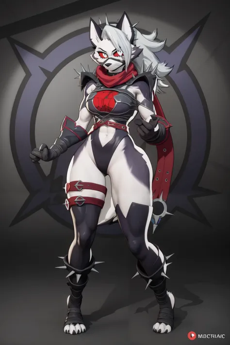 (Loona), (Malice), Marvel Rivals, Helluva Boss, furry female, anthro, (masterpiece), (high resolution), ((My Hero Academia style)), (solo full body portrait), adult Female, 20 year old, tall, (athletic figure), (toned body), (grey fur), (white underbelly),...