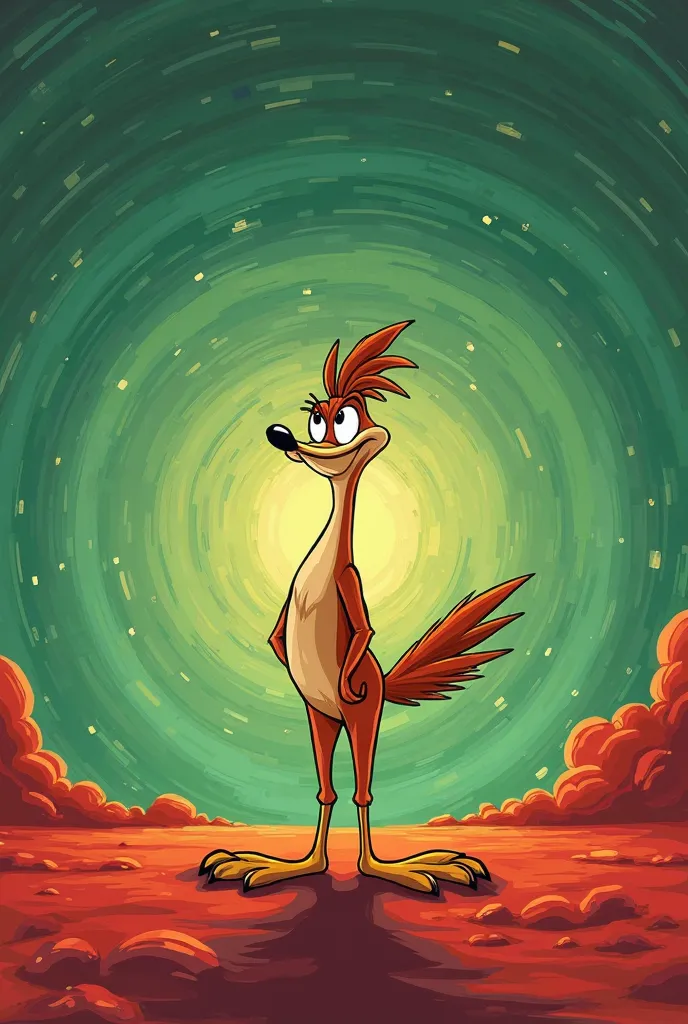 A background where the gradation of emerald green and red swirls violently、Looney tunes、Weil Ether Elbert Coyote Road Runner twirls his eyes round and round、
masterpiece, has won numerous awards, American style promotional poster, high definition model, ol...