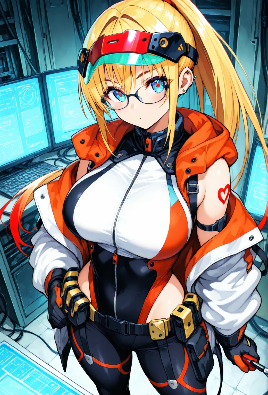 Glossy skin with bronze contouring smoke smooth tone legs as a cord connects to her circuit boards systems,Rapunzel. ponytail blonde hair with red tip, anime girl, cybernetic, Technician, glasses ,Hair: blone with vibrant red tips, styled in a way that ref...