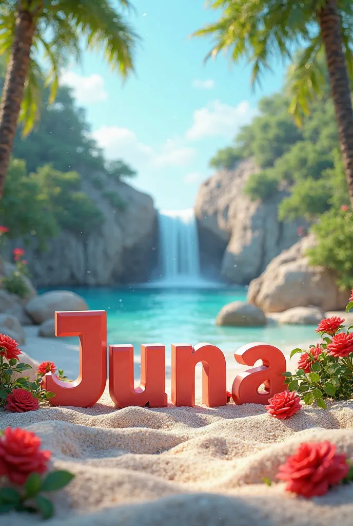 A 3D render of a serene beach landscape with the ground featuring the eye-catching 3D letters "Juna". The letters are standing in the sand. The landscape includes a mesmerizing waterfall with vibrant blue waters, a beach of soft sand and fine gravel adorne...