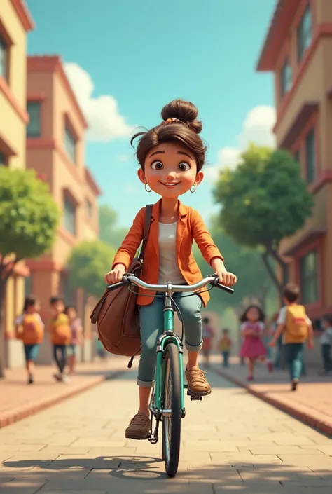 Animation will begin when Ma'am Elena arrives at school on a bicycle. She carries a bag full of books and lesson plans.)