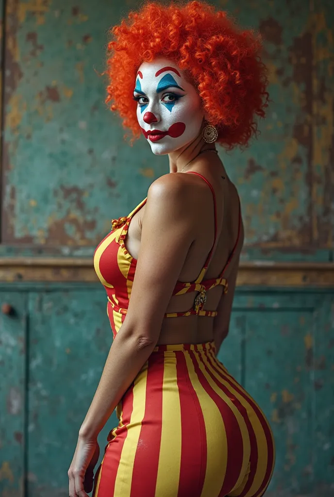 Attractive adult woman disguised as a clown and showing off her ass