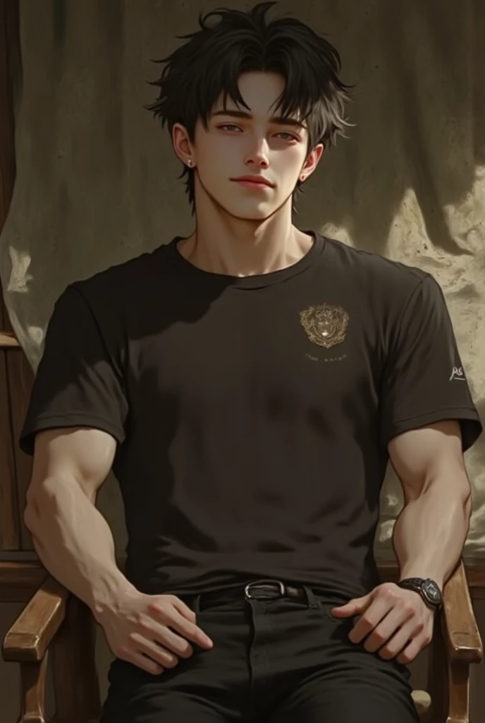 (masterpiece), (best quality), 1man, solo, male, middle part hair, black hair, dreamy eyes, smiles, (strong, well-defined, chiseled jawline), (prominent, slightly pointed chin),muscular, modern student, modern uniform, arrogant, confident, playful, unbothe...