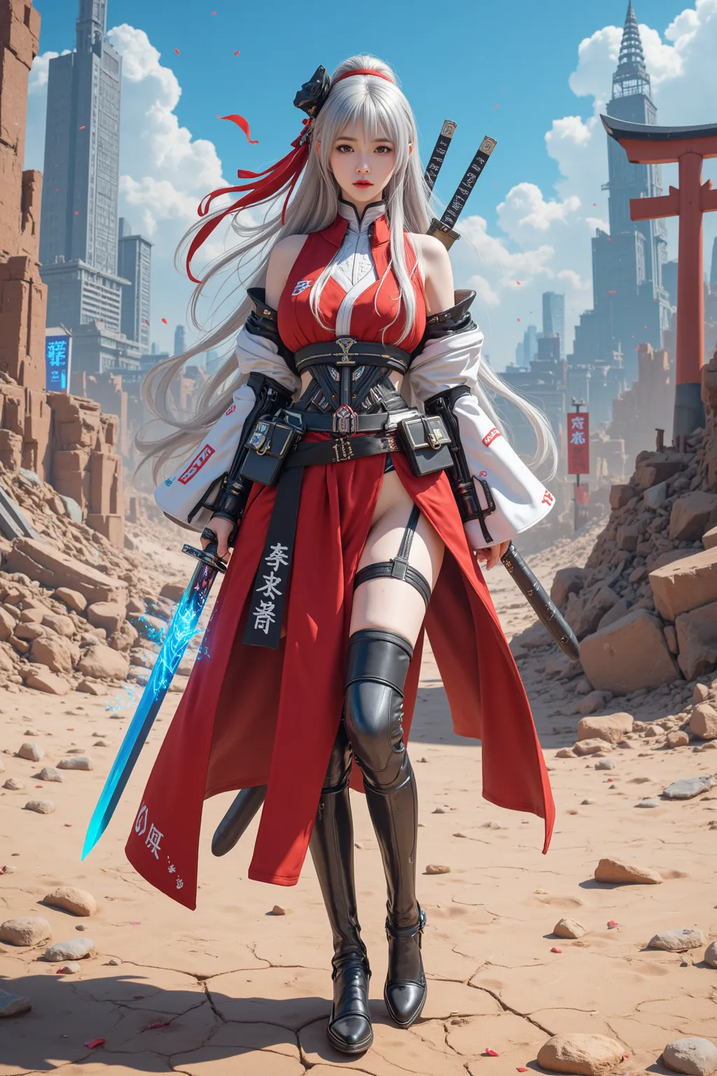 A breathtakingly beautiful shrine maiden warrior stands alone in a vast wasteland, the ruins of a once-great cyberpunk city crumbling behind her. She embodies the fusion of a sacred miko, a stealthy ninja, and an advanced cybernetic warrior. Her long, uniq...