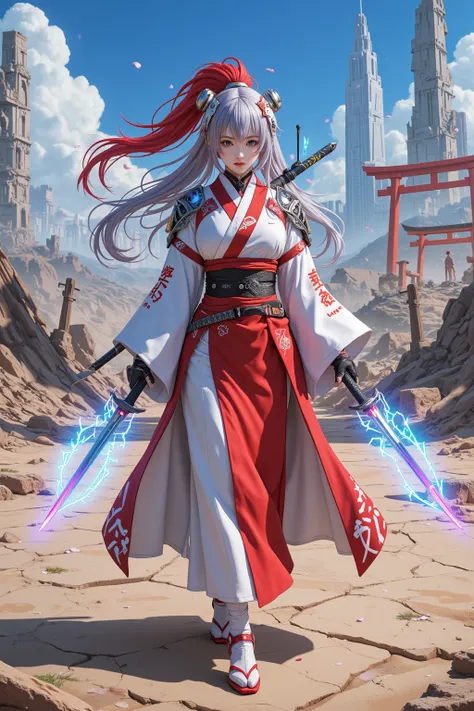 A breathtakingly beautiful shrine maiden warrior stands alone in a vast wasteland, the ruins of a once-great cyberpunk city crumbling behind her. She embodies the fusion of a sacred miko, a stealthy ninja, and an advanced cybernetic warrior. Her long, uniq...