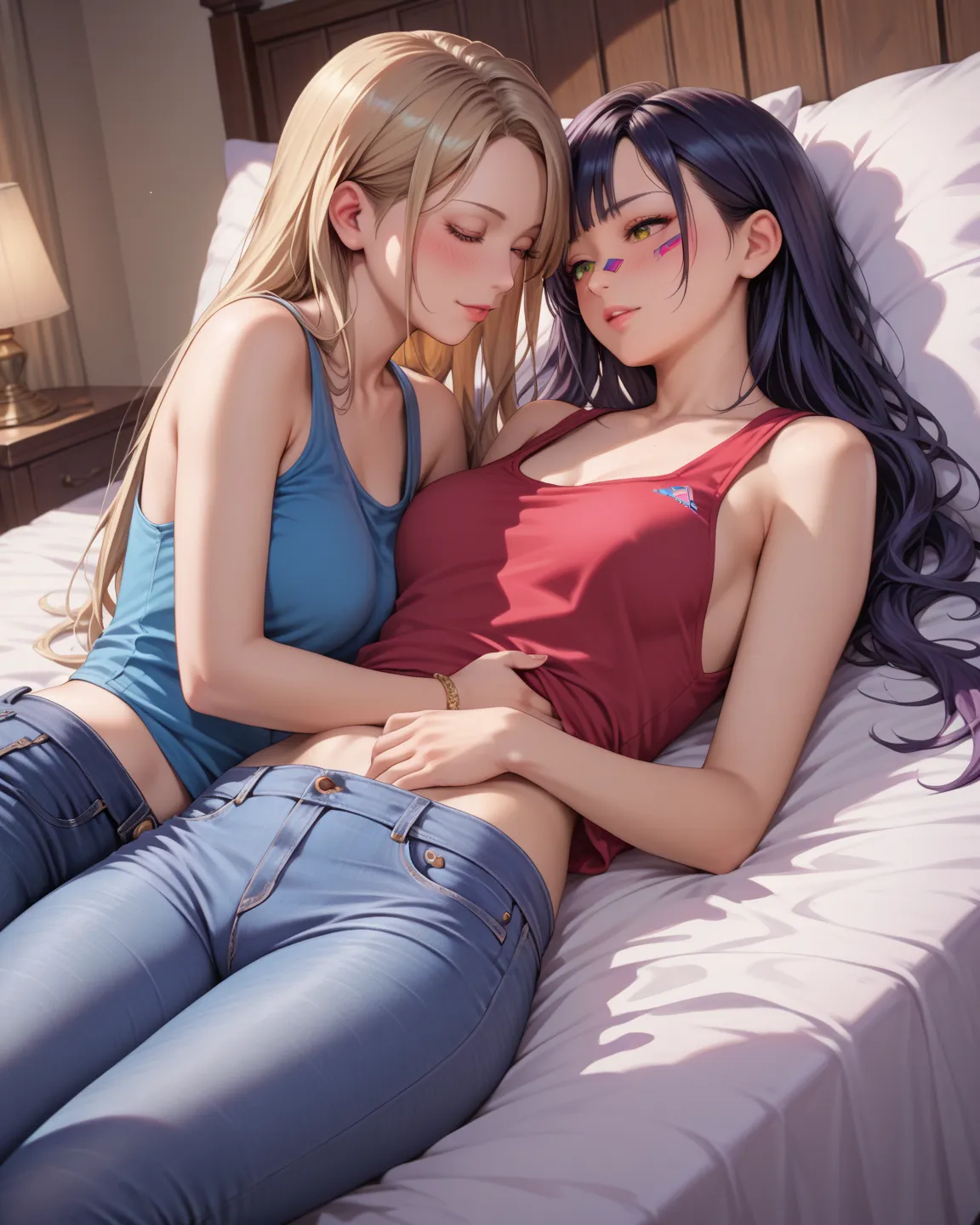 ((((high quality,masterpiece,anatomically correct, 最high quality, detailed face,)))),lesbian,tank top outside of anime, jeans, 2 women,long hair,  Gold, Tall Length,sling,blush,Two people lie down,bed in room d,anime,