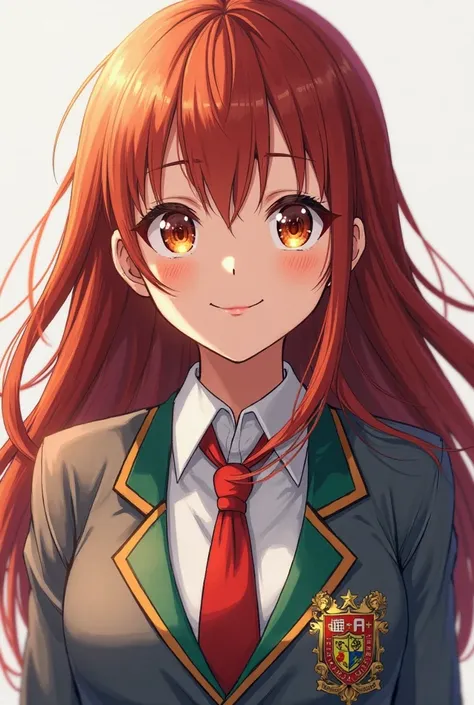 screenshot of my hero Academia, girl with reddish brown hair long, honey-colored eyes,  smiling, Looking Forward, UA uniform white shirt, red tie gray blazer with green details