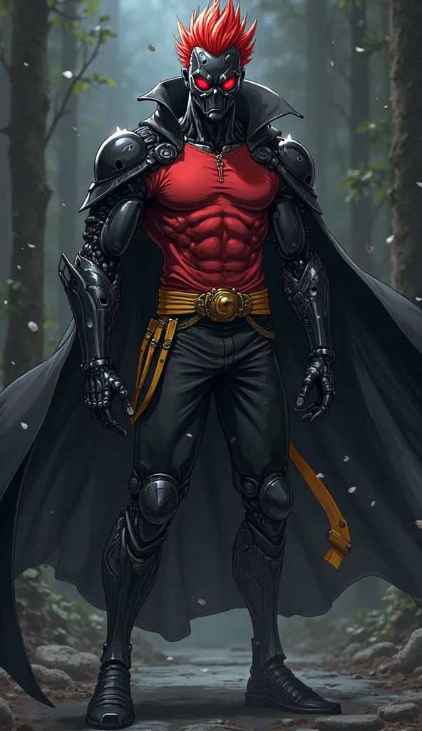 Anime style
Alien
Man
Black skin darkness
Black face metal mask
Red hair
Short hair
Red eyes
Red t-shirt
Black armors
Black pants
Yellow waist
Red shoes
Black cape
Black arms cyborgs
Muscles arms