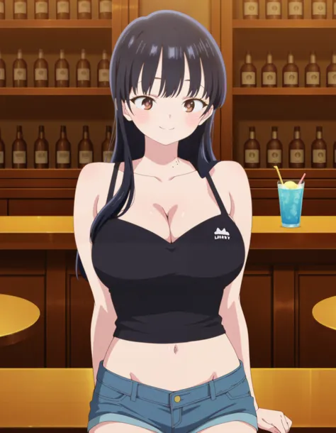 masterpiece, best quality, amazing quality, anime coloring, perfect quality, yamada anna, 1girl, breasts, mole on neck, solo, breast, large breasts, Anna, bare shoulders, collarbone, cleavage, halterneck, black tank top, navel, stomach, groin, denim shorts...