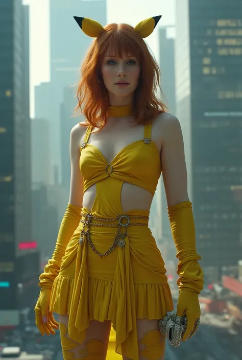 Bryce_Dallas_Howard_face, blue eyes, red hair, makeup, pikachu tail, short skirt, partially fingerless gloves, thighhighs, sexy tight pikachu yellow bodysuit, on black fishnets stockings, full body shot view, very extreme platform tall transparent crystal ...