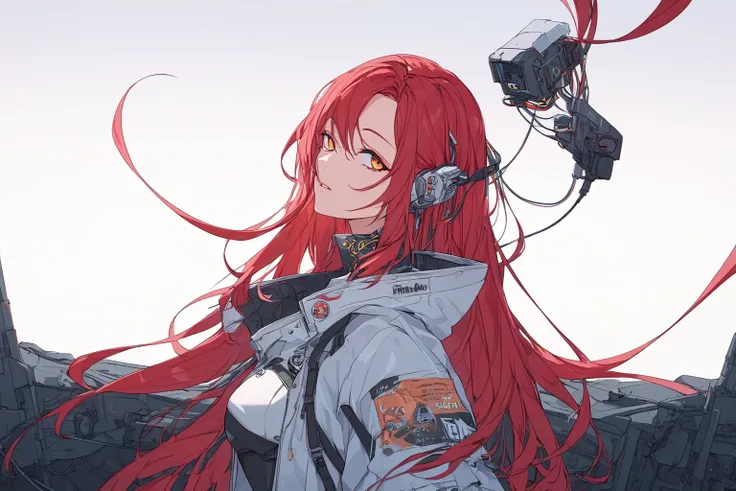 Beautiful robot woman with long red hair, cyberpunk style, futurist 