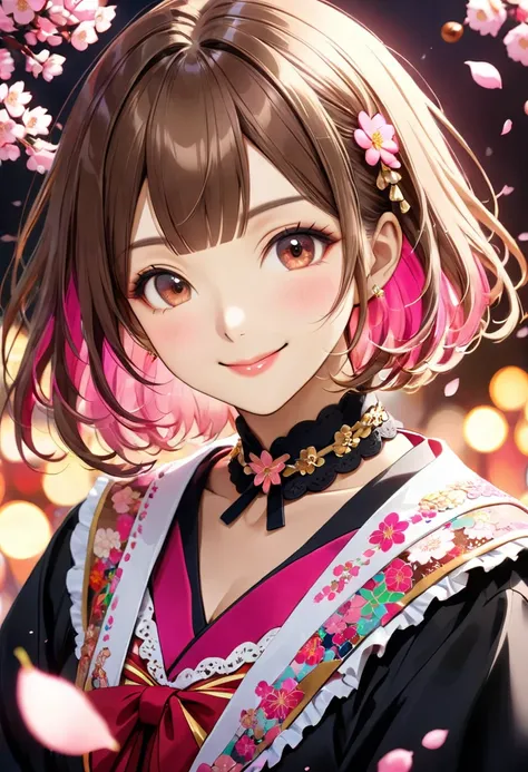  (adorable and elegant 20-years old girl:1.3), (soft rounded bob-cut chestnut brown hair:1.3), (gentle curls at hair ends:1.2),(vibrant pink streak in the bangs:1.3), (warm pinkish-brown eyes with bright highlights:1.3),(gyaru-style makeup:1.2), (gentle an...