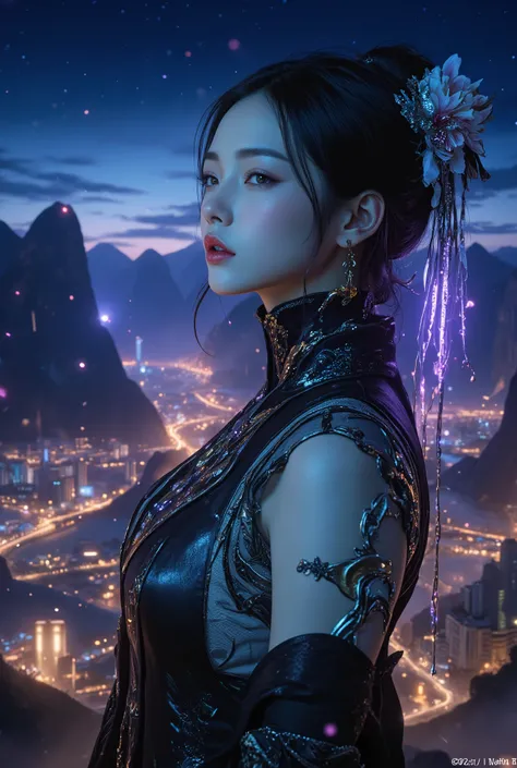 top quality, masterpiece, high res,1 French half girl, detailed face, high nose, iridescent eyes, (upper body:1.6), cyber city, Mountains and Rivers, night, Firefly Light, by Nomi, rich in detail, (Ao Dai:1.2), (beautiful body:1.4),