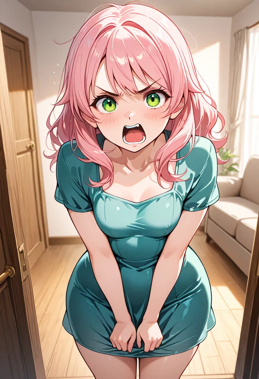 1 woman, grown up, sweet, innocent, light pink hair, cute, adult, tall, mature face, wide hips, small breasts, teal dress, standing in living room, green eyes, angry, yelling