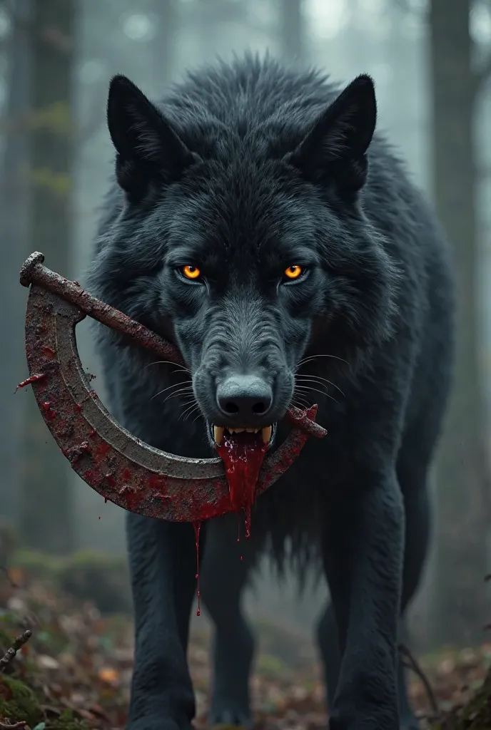 A black wolf with a bloody mouth that has a sickle in its mouth 