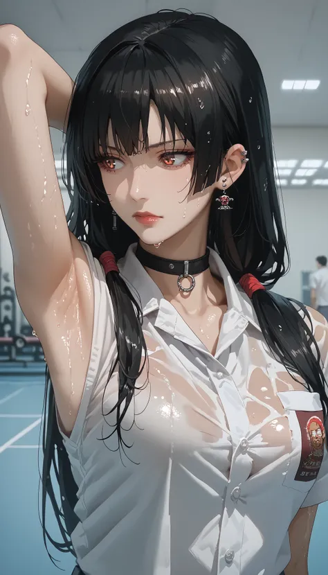 Kaori sakaki, black hair,long hair,eyes red, Indonesian high school uniform, gothic make-up, pierced ears, big breast, perfect body, brown lipstick, Smooth, dewy armpits, arrogant facial expression, photo art, choker,high detail, high resolusi, best qualit...