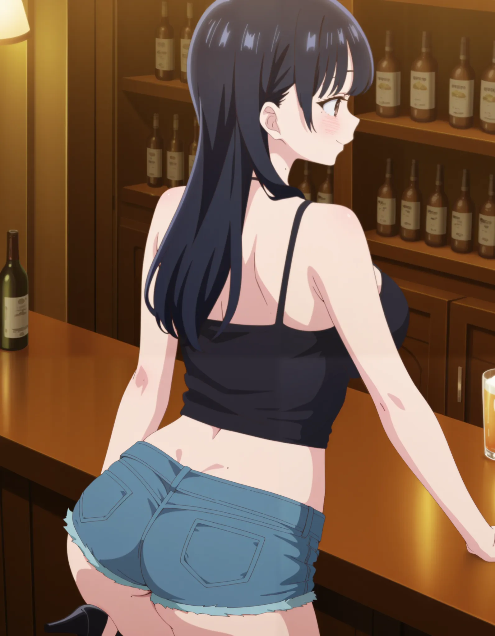 masterpiece, best quality, amazing quality, anime coloring, perfect quality, yamada anna, 1girl, breasts, mole on neck, solo, breast, large breasts, Anna, bare shoulders, collarbone, cleavage, halterneck, black tank top, navel, stomach, groin, denim shorts...