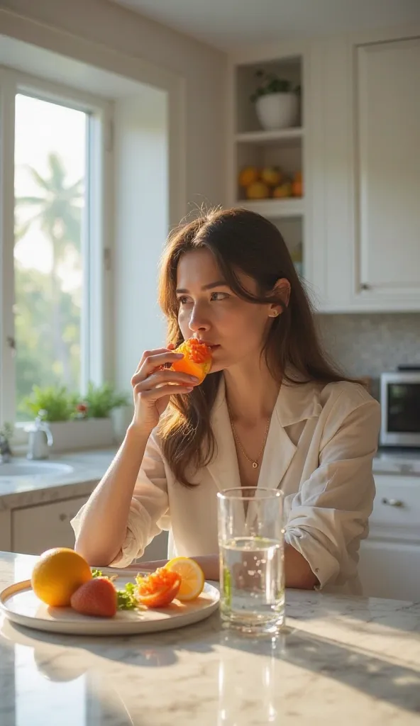 A ager eating a fruit and drinking water in a luxurious 4K cinematic kitchen