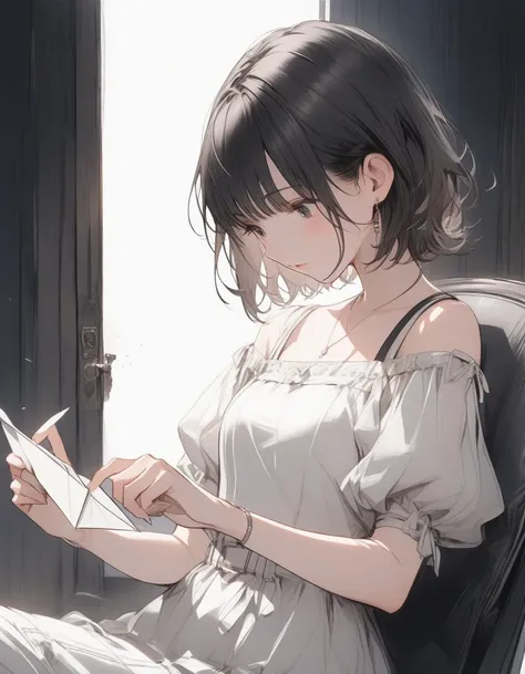 a girl, short hair, dress,  reading a letter 