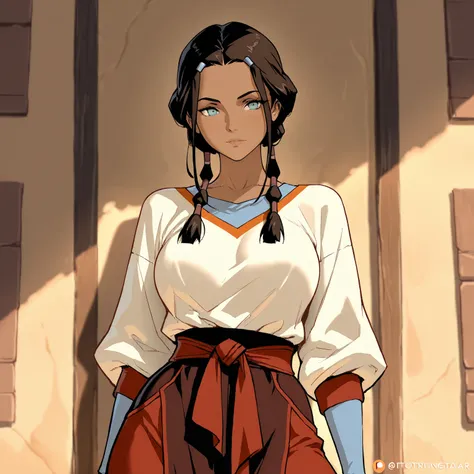 Stunningly attractive woman, Katara, Fire Nation clothes, Avatar: The Last Airbender, High Resolution, Masterpiece, glistening, impeccable physical shape, casual clothing, different hairstyles, different clothing, different clothing styles, different cloth...