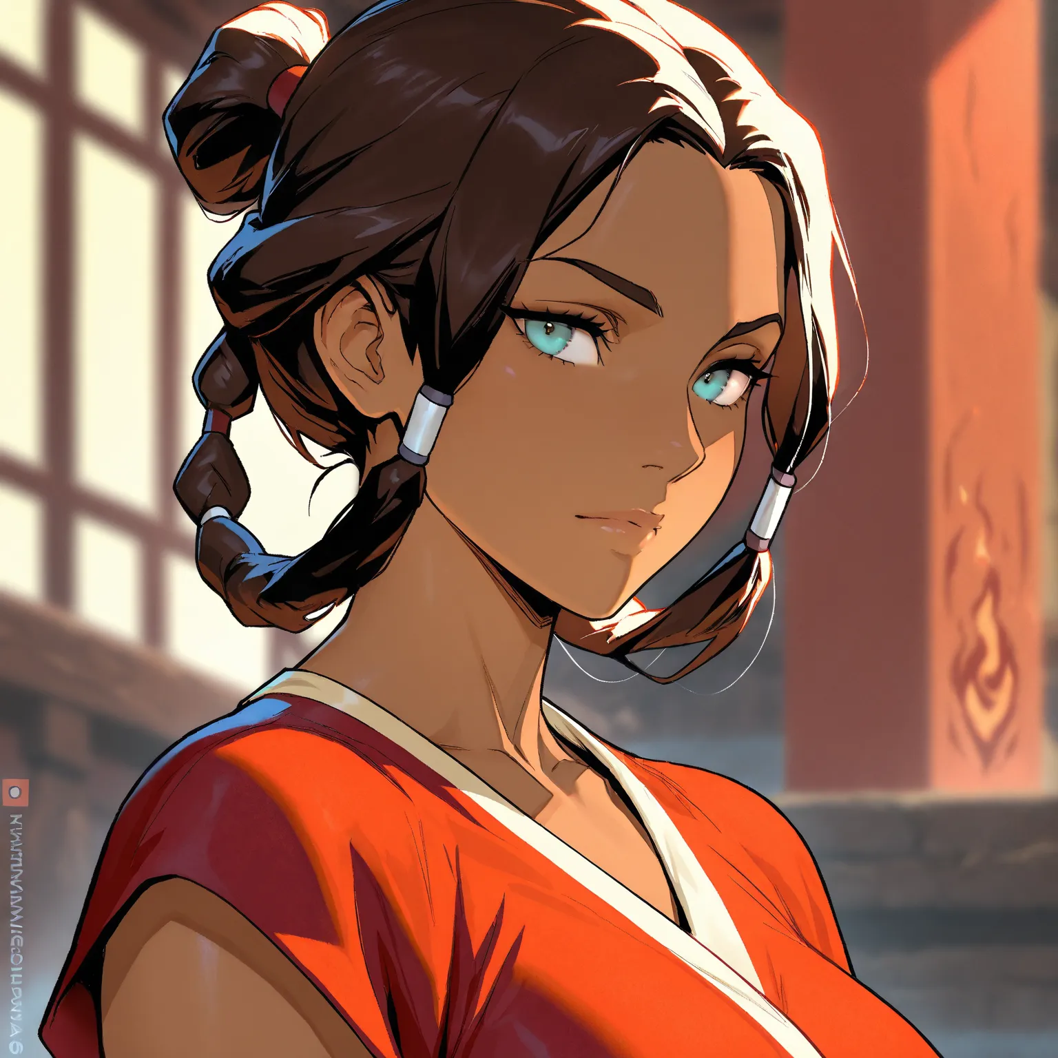 Stunningly attractive woman, Katara, Fire Nation clothes, Avatar: The Last Airbender, High Resolution, Masterpiece, glistening, impeccable physical shape, casual clothing, different hairstyles, different clothing, different clothing styles, different cloth...