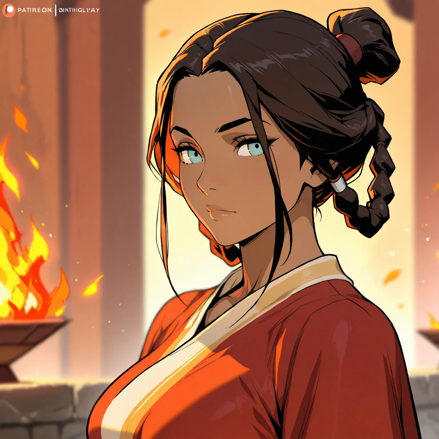 Stunningly attractive woman, Katara, Fire Nation clothes, Avatar: The Last Airbender, High Resolution, Masterpiece, glistening, impeccable physical shape, casual clothing, different hairstyles, different clothing, different clothing styles, different cloth...