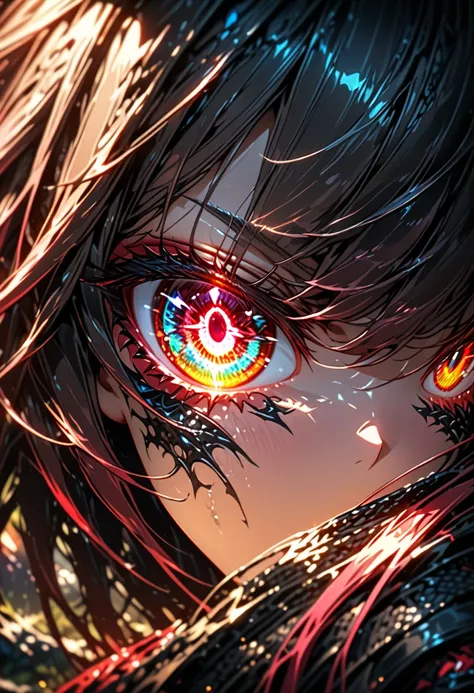 ultra detailed, absolutely resolution, masterpiece, highly detailed, sharp focus, vivid colors, soft lighting, cinematic composition, close-up of a　beautiful woman, one of her eyes is a demonic eye like a dragon's pupil.