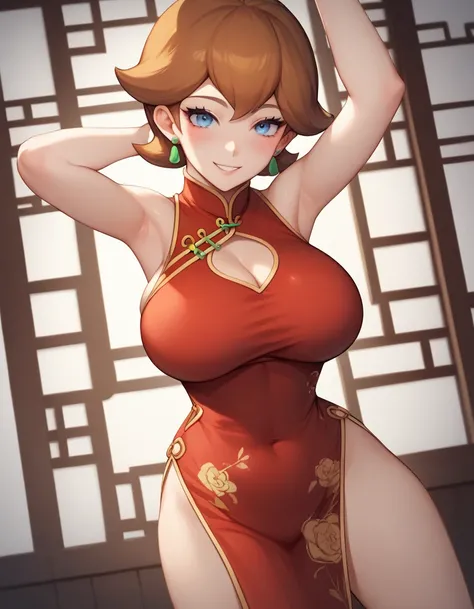 score_9, score_8_up, score_7_up, source_anime, best quality, clear face, honey pokemonSWSH, brown hair, blue eyes, short hair, large breasts, perfect body, standing, looking at viewer, smile, china dress, red clothes, dynamic angle, indoor,blushing,embrass...