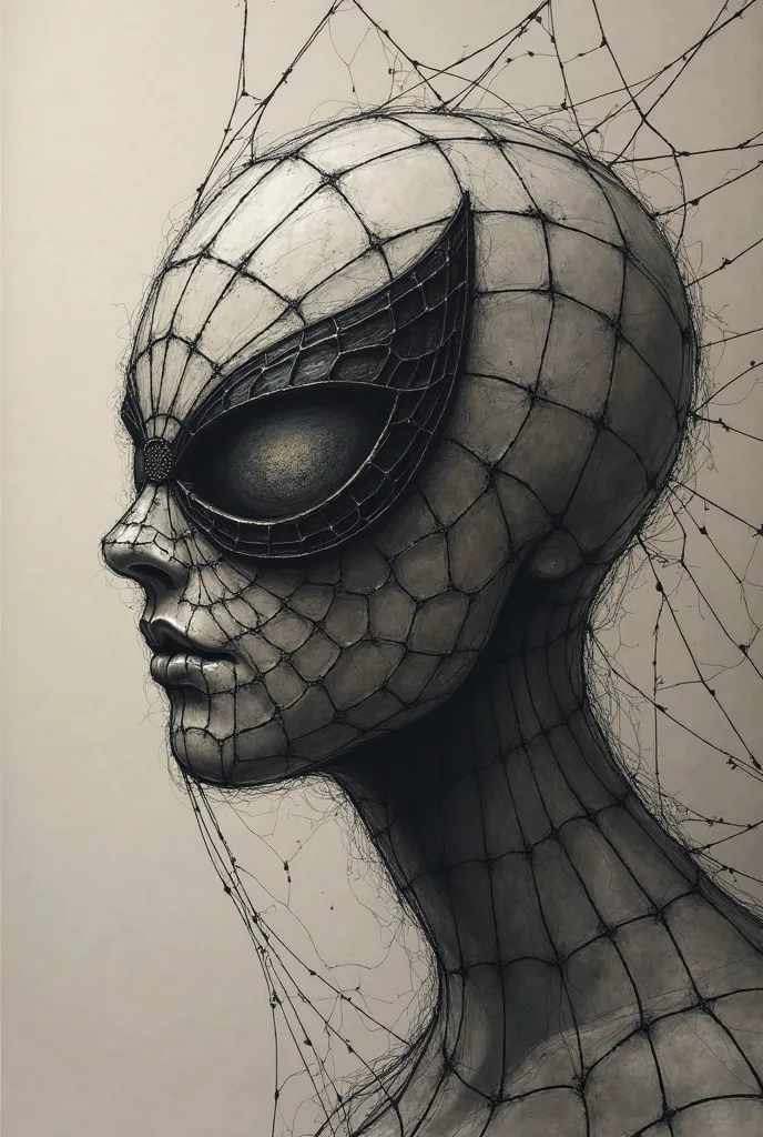 Make a sketch-like drawing of a spider pulling its cobweb but this cobweb forms the eyes of the Spider-Man mask