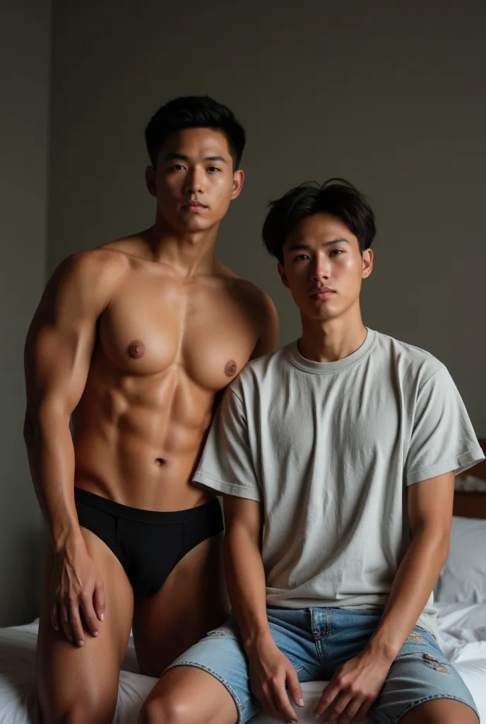 Realistic, 2boys, early 20 years old, (1 man, shirtless, bodybuilder muscle build, black tight boxers, chinese, white fair skin, neat black hair) and (1 man, oversized t-shirt, denim shorts, nerd, eyeglasses, southeast asian, messy black hair), bedroom bac...