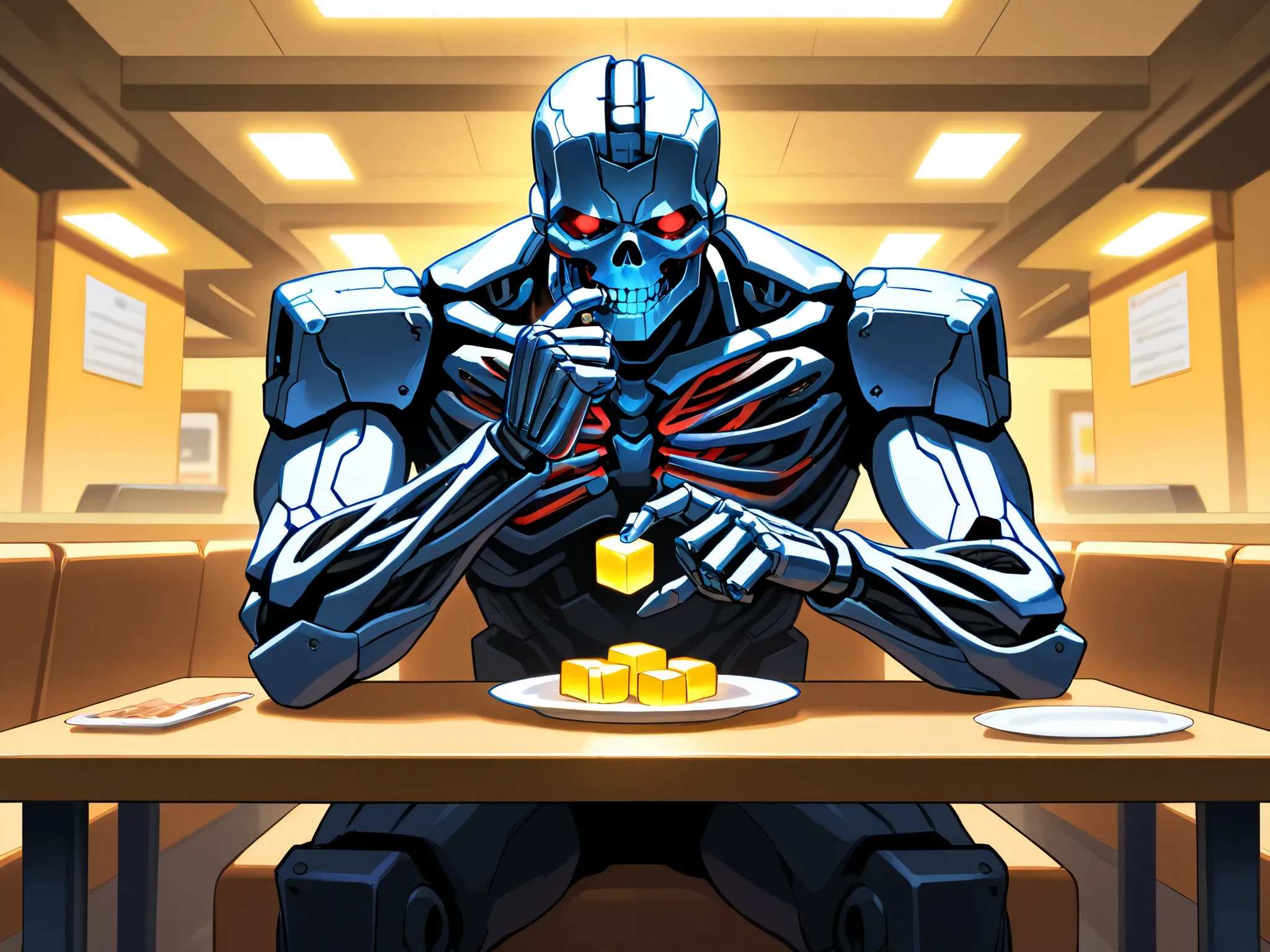 anime terminator endoskeleton, red highlights on body, red eyes, holding a small glowing blue cube between two fingers in one hand, plate of small glowing blue cubes, eating, sitting at a table, convention center eatery