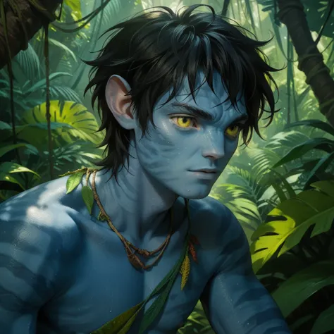 score_9, score_8_up, score_7_up, score_6_up, score_5_up, score_4_up, 1boy, short boyish hair, messy bangs, black hair, yellow eyes, blue skin, Na'vi , blue skin, jungle