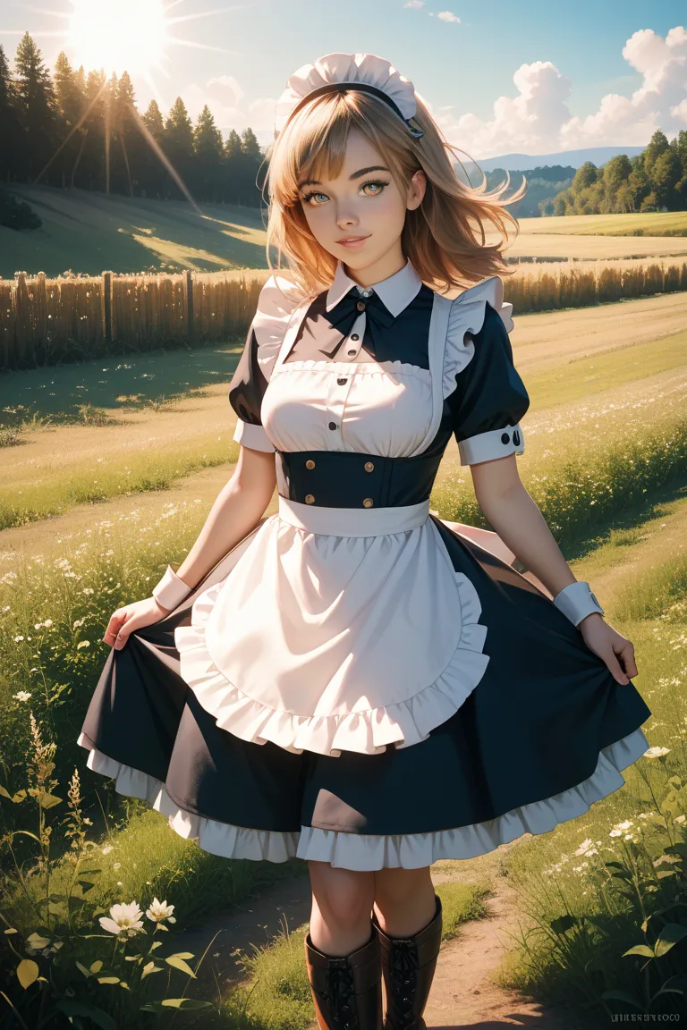  Girl Wearing Maid Clothes 、 cowgirl、In a skirt