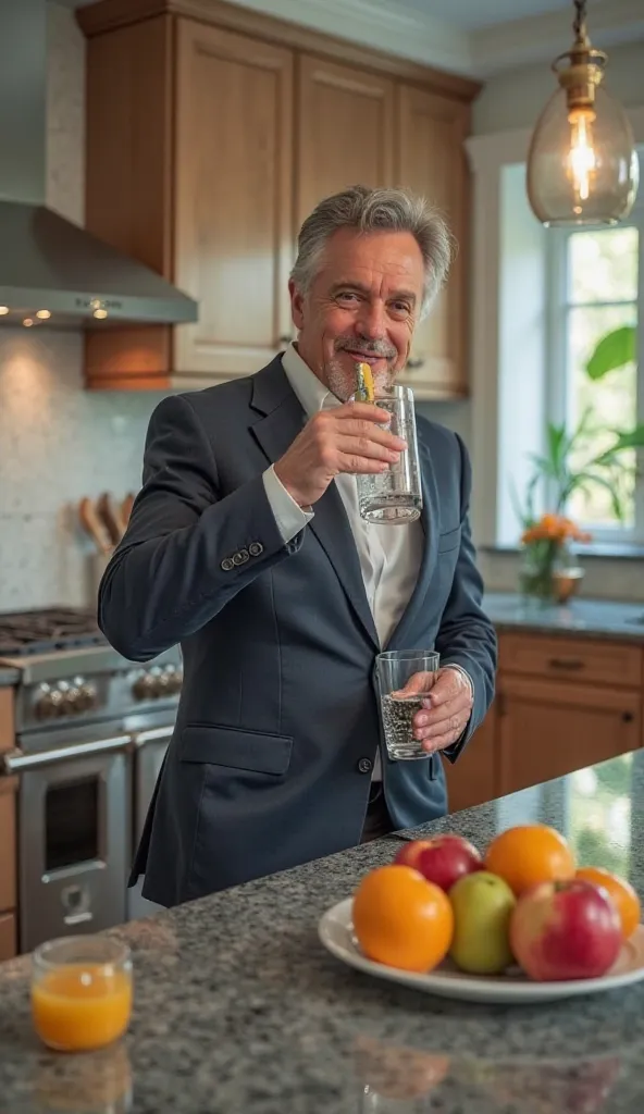 A male ager eating a fruit and drinking water in a luxurious 4k cinematic kitchen