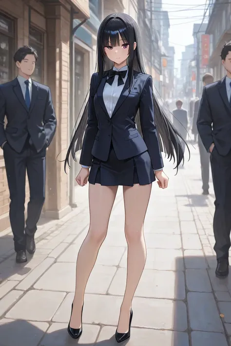 Japanese Female、black hair long straight hair、Clothes are recruitment suits and black pumps、has a natural and cool face、She has small breasts、The waist is thin、Long legs、height 168 cm and weight 49 kg、Good looking、Intelligent、 Excellent motor skills 、doesn...