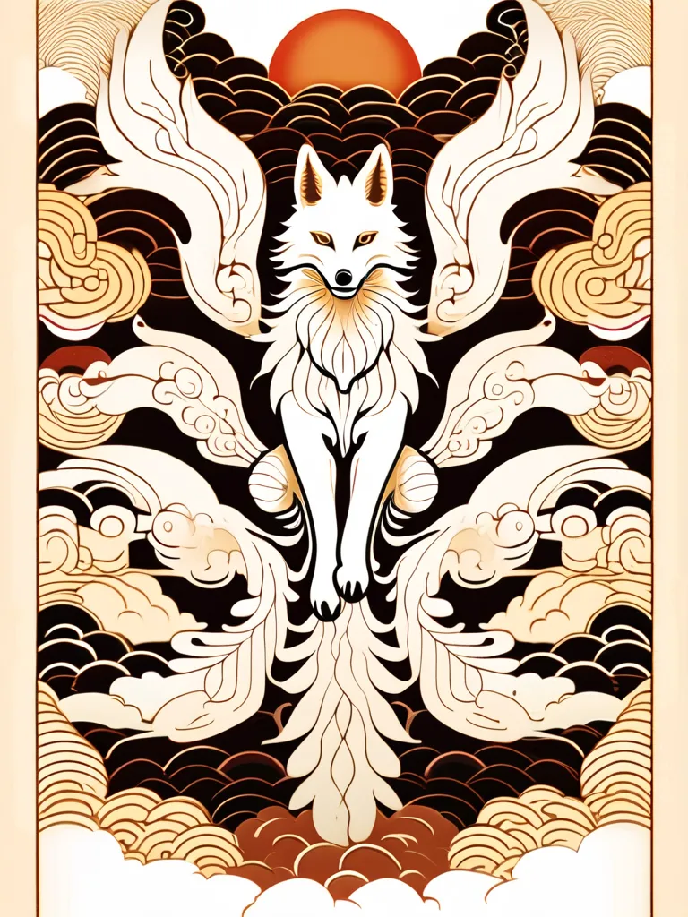  ukiyo-e、  Geometric Model、insufficient々   White Fox、ukiyo-e,     Golden Cloud   、Nine-tailed fox、8k、