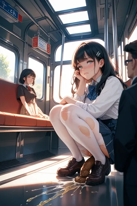 1 girl、long black hair、 Ahe Face、Torn white tights、squats、Pee and poop、place: crowded train