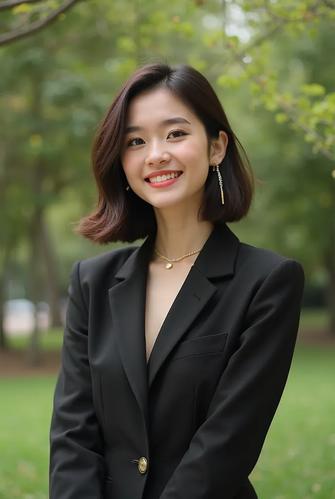 Normal girl selfie she was wearing a black suit in a park 