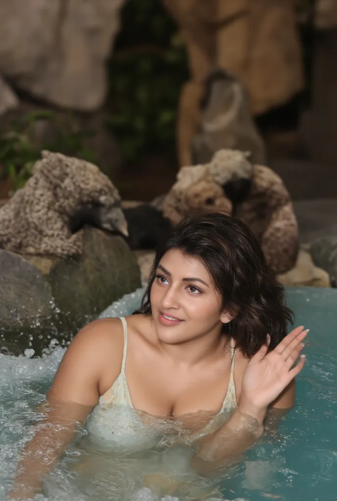 28 years Woman, Chubby, showing her curves in swimming pool water,  waves , rocks, sourended by human animals, half human half animals, 